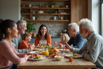 Famille multigenerations partageant un repas convivial