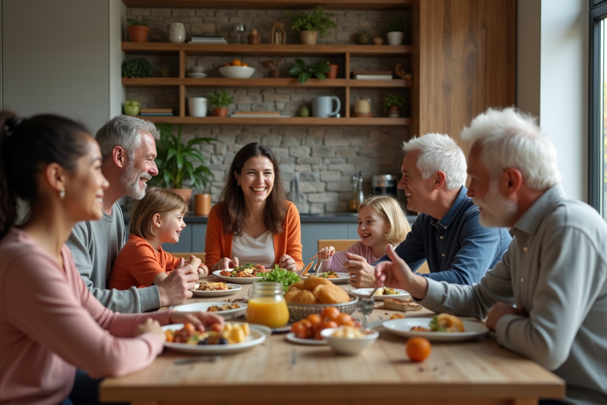 Famille multigenerations partageant un repas convivial