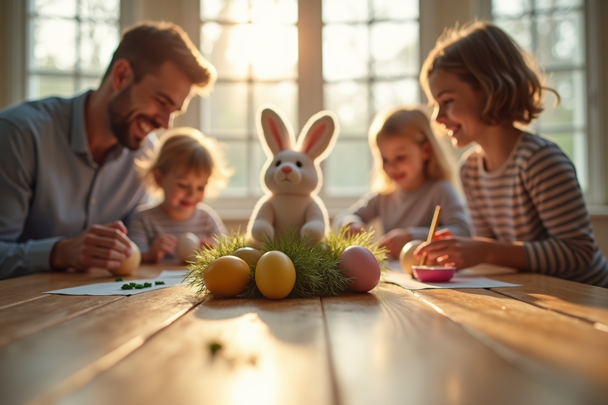 Famille peignant des œufs de Pâques à une table en matinée lumineuse