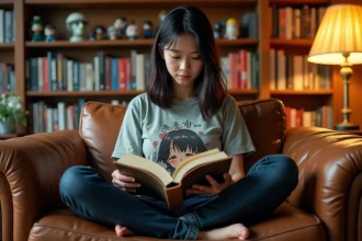 Jeune femme lisant un manga entourée de collections de comics et figurines sur des étagères en bois