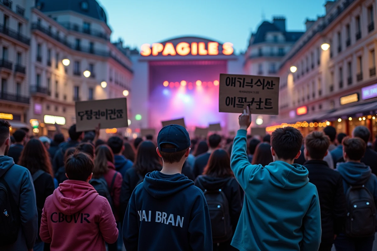 Fans de K-pop de diverses nationalités devant une salle de concert à Paris tenant des banderoles en coréen