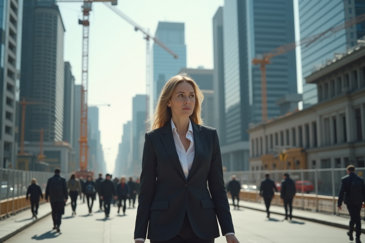Femme d'affaires dans la ville en chantier observation skyline