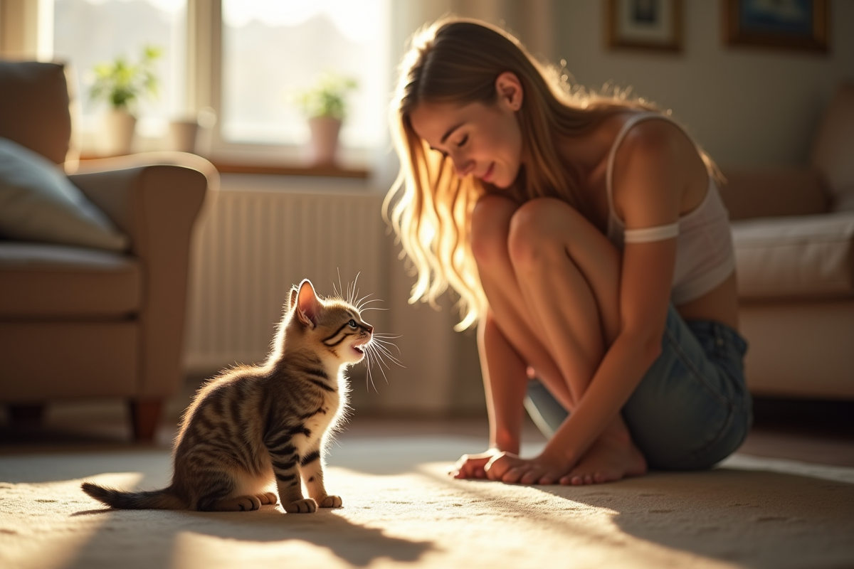 Femme avec chaton dans un salon chaleureux