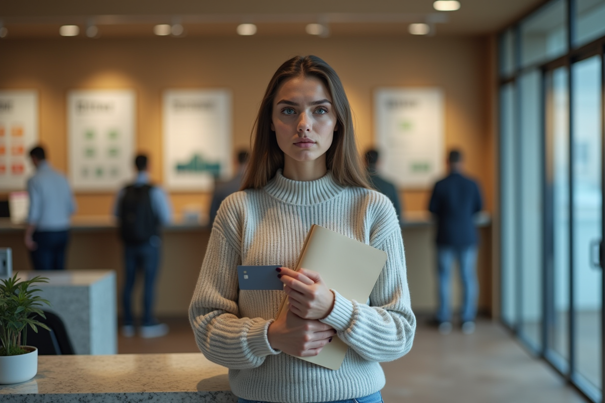 Jeune femme dans une agence bancaire française avec dossier et carte