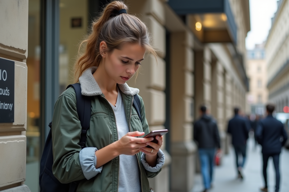 Jeune femme regardant son smartphone devant une banque