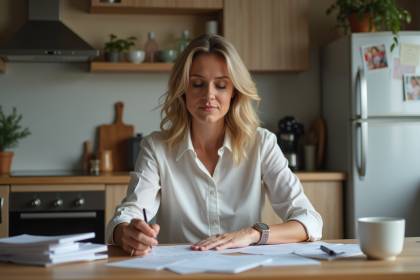 Femme d'âge moyen vérifiant ses factures à la maison