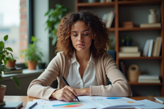 Femme concentrée dans son bureau à domicile avec des feuilles colorées