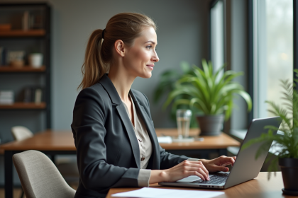 Femme d'affaires regardant par la fenêtre dans un bureau moderne