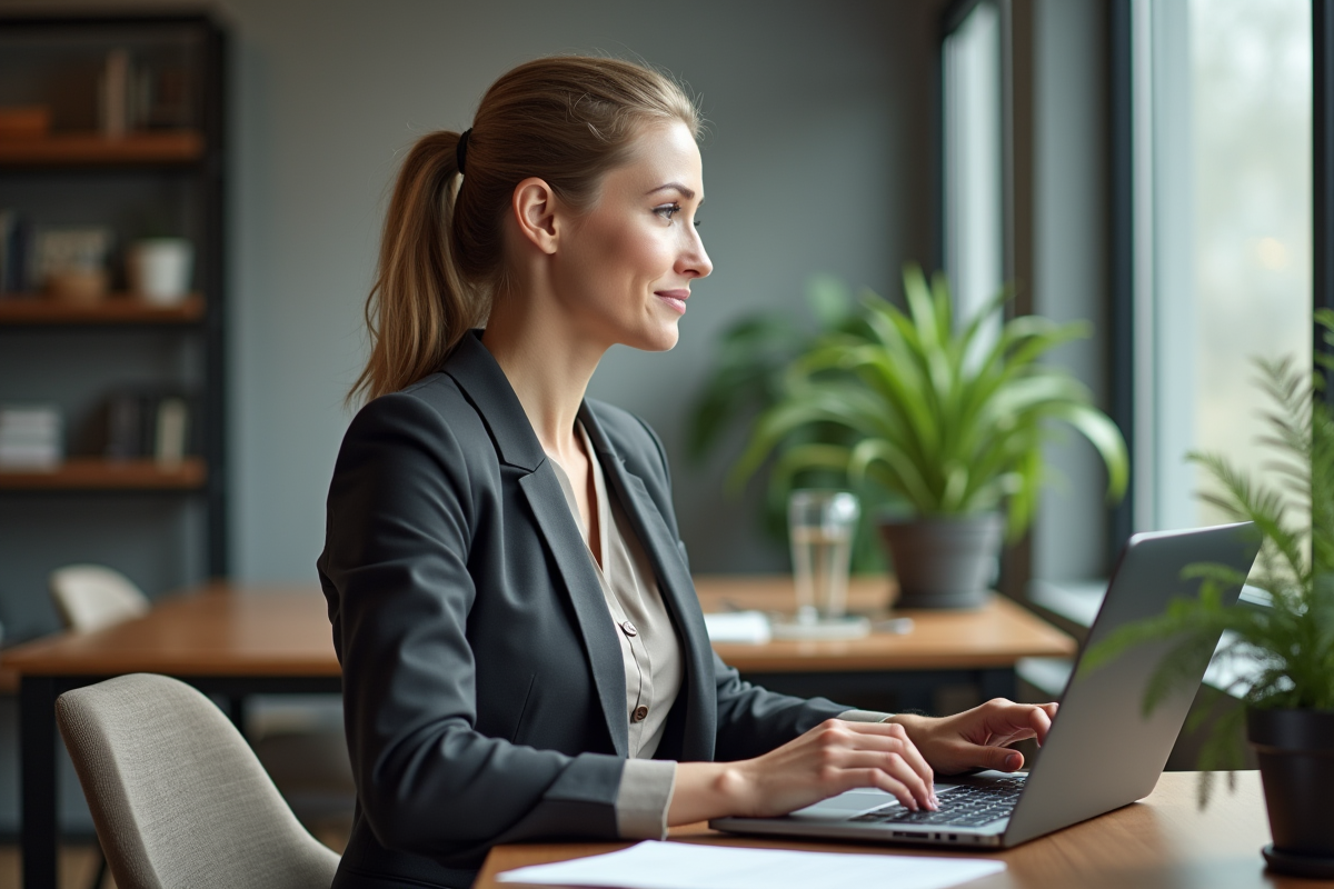 Femme d'affaires regardant par la fenêtre dans un bureau moderne