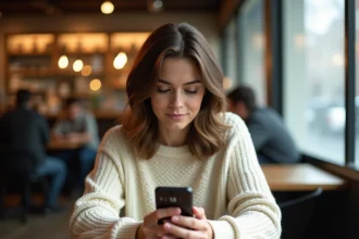 Femme songeuse dans un café regardant son téléphone affichant 12h12, heure miroir liée aux messages de l'ex