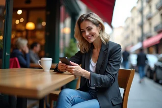 Femme en blazer et jeans au café avec smartphone