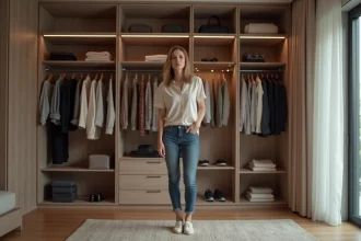Femme en tenue casual choisissant ses vêtements dans une chambre moderne