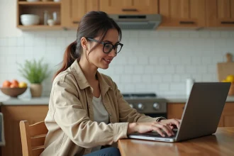 Femme utilisant un ordinateur portable pour rechercher un code promo Carrefour Drive sur le site web
