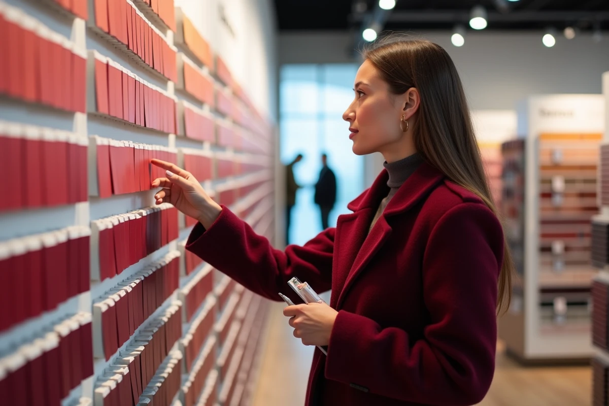 Femme désignant une carte couleur bordeaux dans un magasin de peinture, comparant les nuances burgundy, maroon et oxblood en anglais