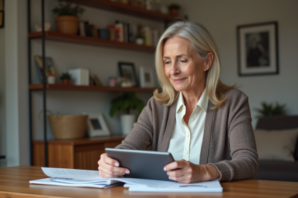 Femme concentrée comparant documents et tablette dans son intérieur