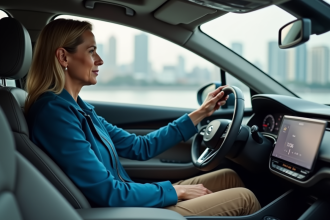 Femme conduisant une voiture hybride en ville