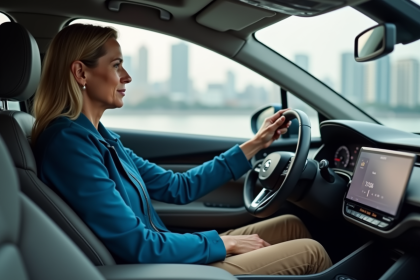 Femme conduisant une voiture hybride en ville