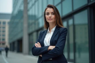 Femme confiante en blazer bleu marine incarnant la force de caractère face à un bad buzz médiatique
