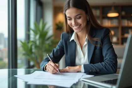 Femme souriante examinant des documents immobiliers dans un appartement lumineux