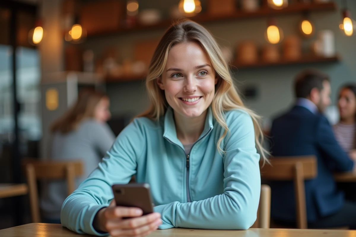 Femme utilisant une application de conversion kilomètres en miles sur son smartphone dans un café