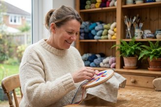 Femme souriante en tricot brodant des fleurs colorées