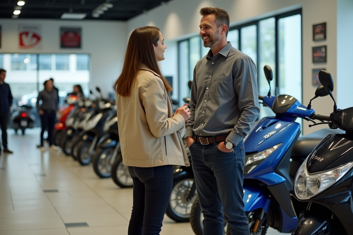 Femme parle avec vendeur devant motos 50cc en showroom
