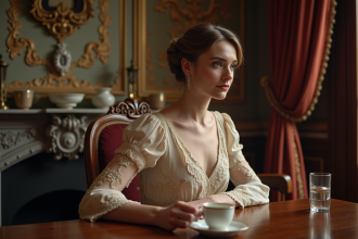 Femme élégante en robe de tea 1910s dans un salon richement décoré