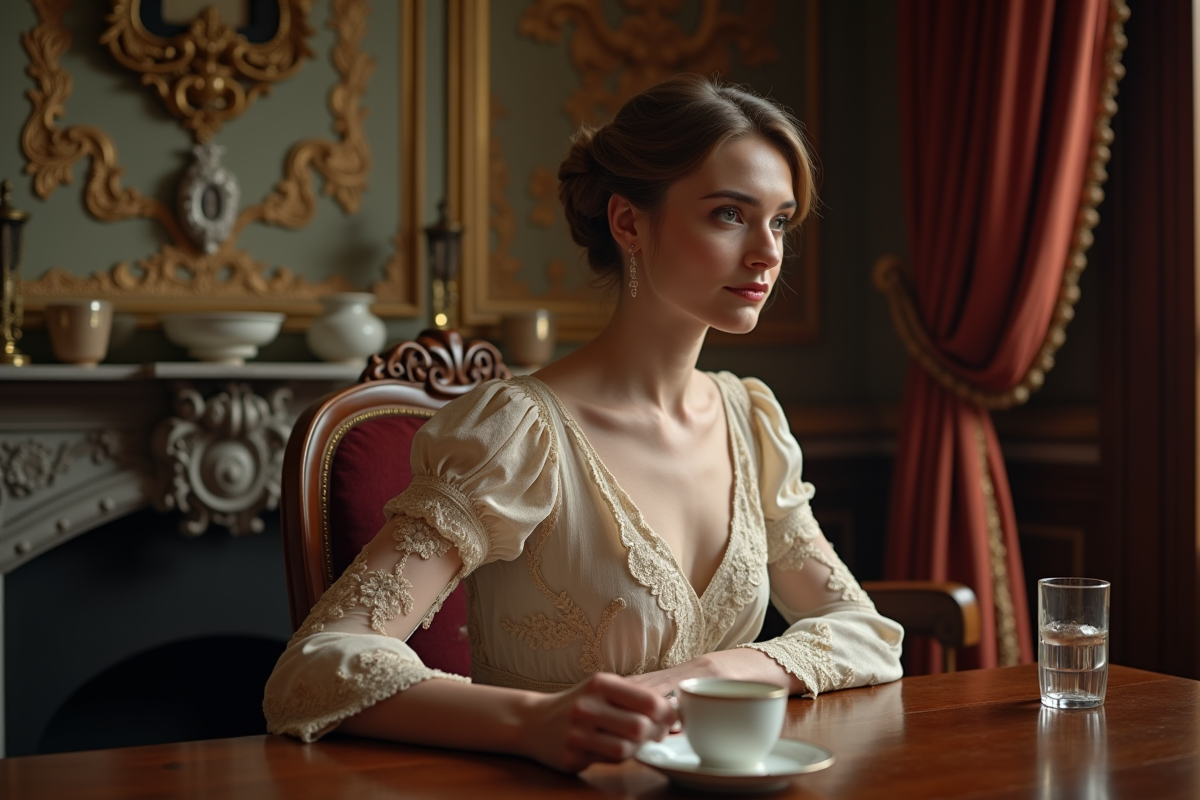 Femme élégante en robe de tea 1910s dans un salon richement décoré