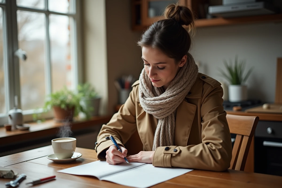 Jeune femme écrit une lettre à la maison dans une cuisine chaleureuse