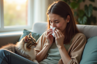 Jeune femme éternuant sur un canapé moderne avec un chat