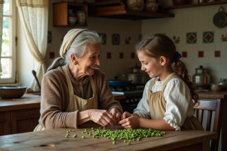 Femme âgée et jeune fille cueillant des pois dans une cuisine rustique