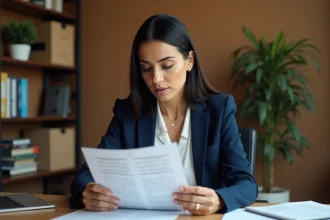 Femme étudiant les 200 questions de naturalisation française sur un document imprimé à son bureau