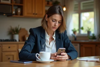 Femme française vérifiant l'heure sur son smartphone dans la cuisine