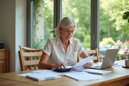 Femme moyenne âge vérifiant factures maison vacances