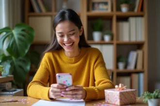 Femme souriante qui découvre des GIFs anniversaire rigolos sur son smartphone pour ses stories Instagram