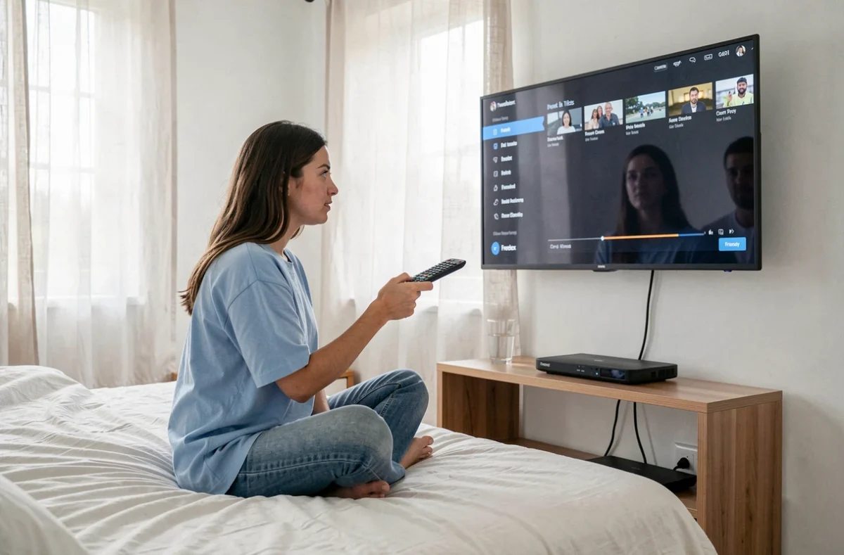 Femme parcourant le guide des chaînes sportives sur sa Freebox Pop depuis sa chambre