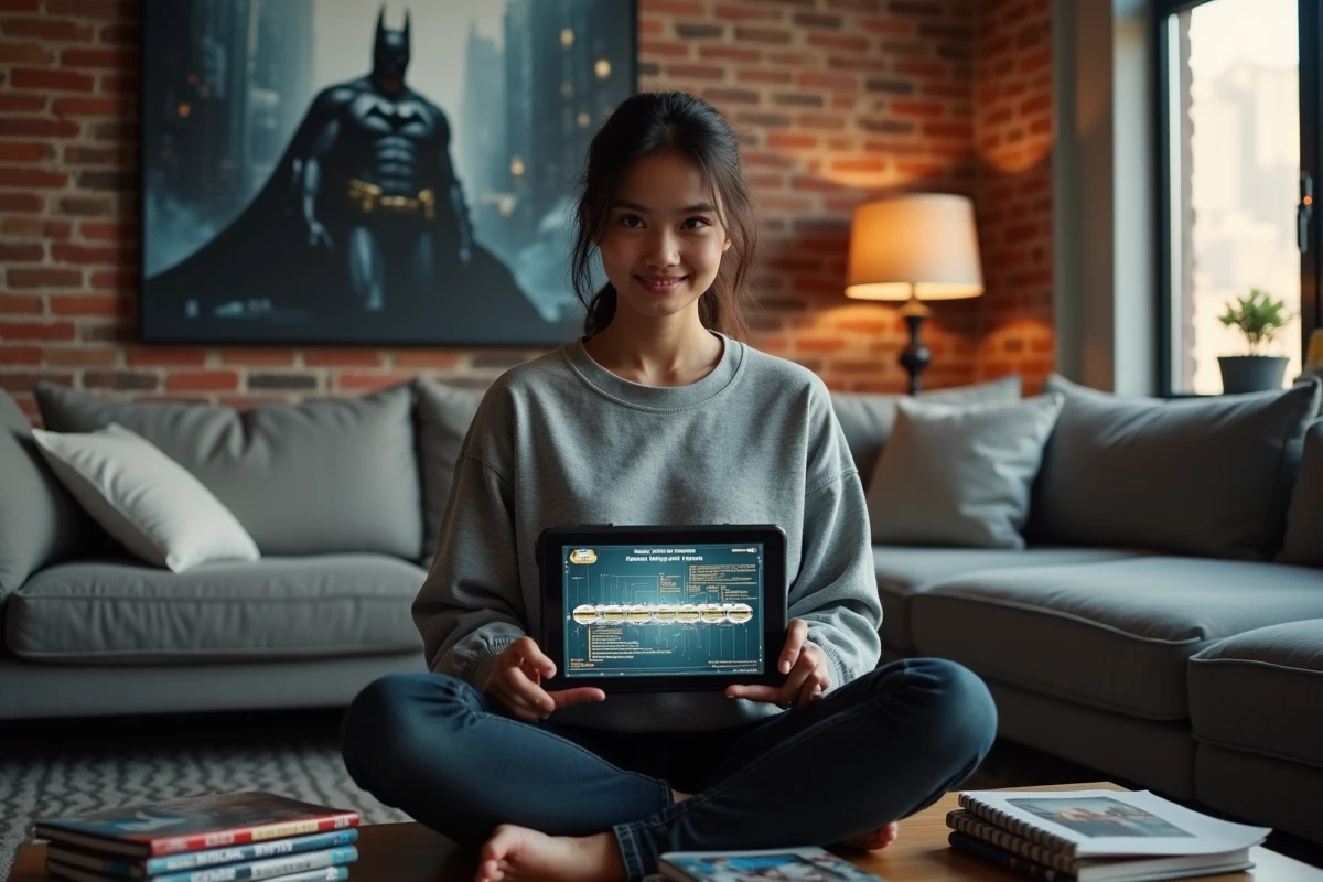 Jeune femme consultant un guide de l'ordre des films Batman dans un appartement moderne avec affiche de Gotham