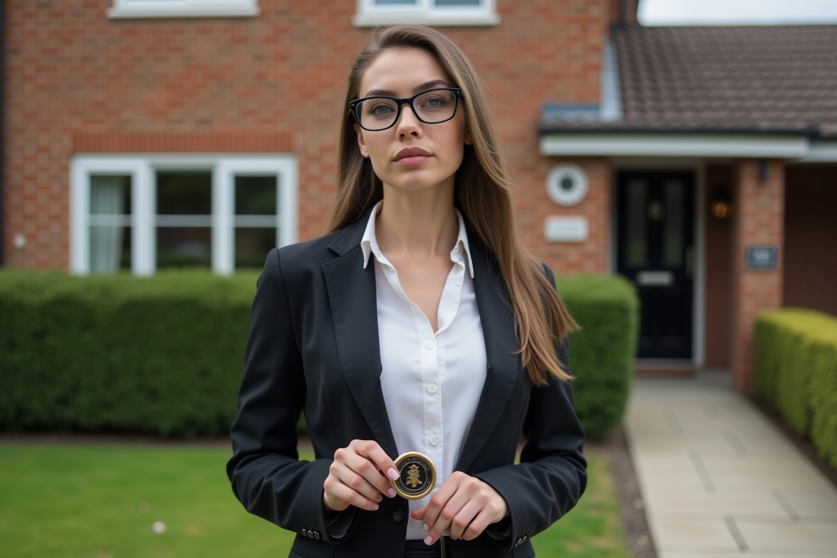 Jeune femme avec sceau notarial devant maison