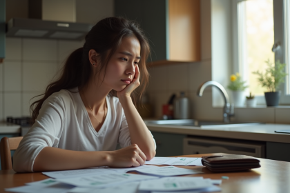 Jeune femme inquiète avec factures et porte-monnaie vide