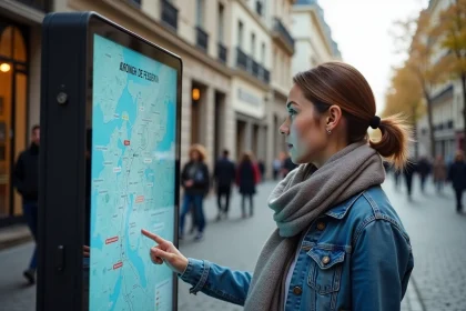 Femme regardant une carte interactive de Paris en extérieur