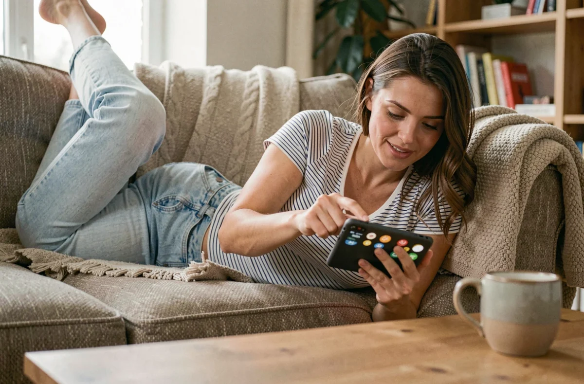 Femme jouant à un jeu de pièces sur tablette allongée sur un canapé dans son salon