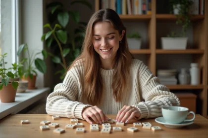 Jeune femme arrangeant des lettres sur la table