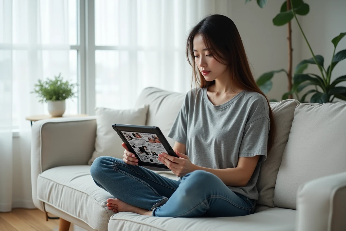 Femme lisant le dernier chapitre de manga One Piece en français sur une tablette dans un salon moderne