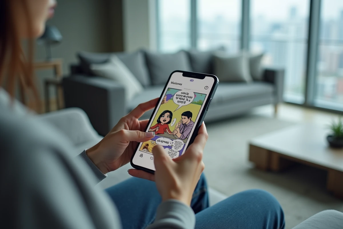 Femme adulte lisant un webtoon sur smartphone dans un appartement moderne et minimaliste