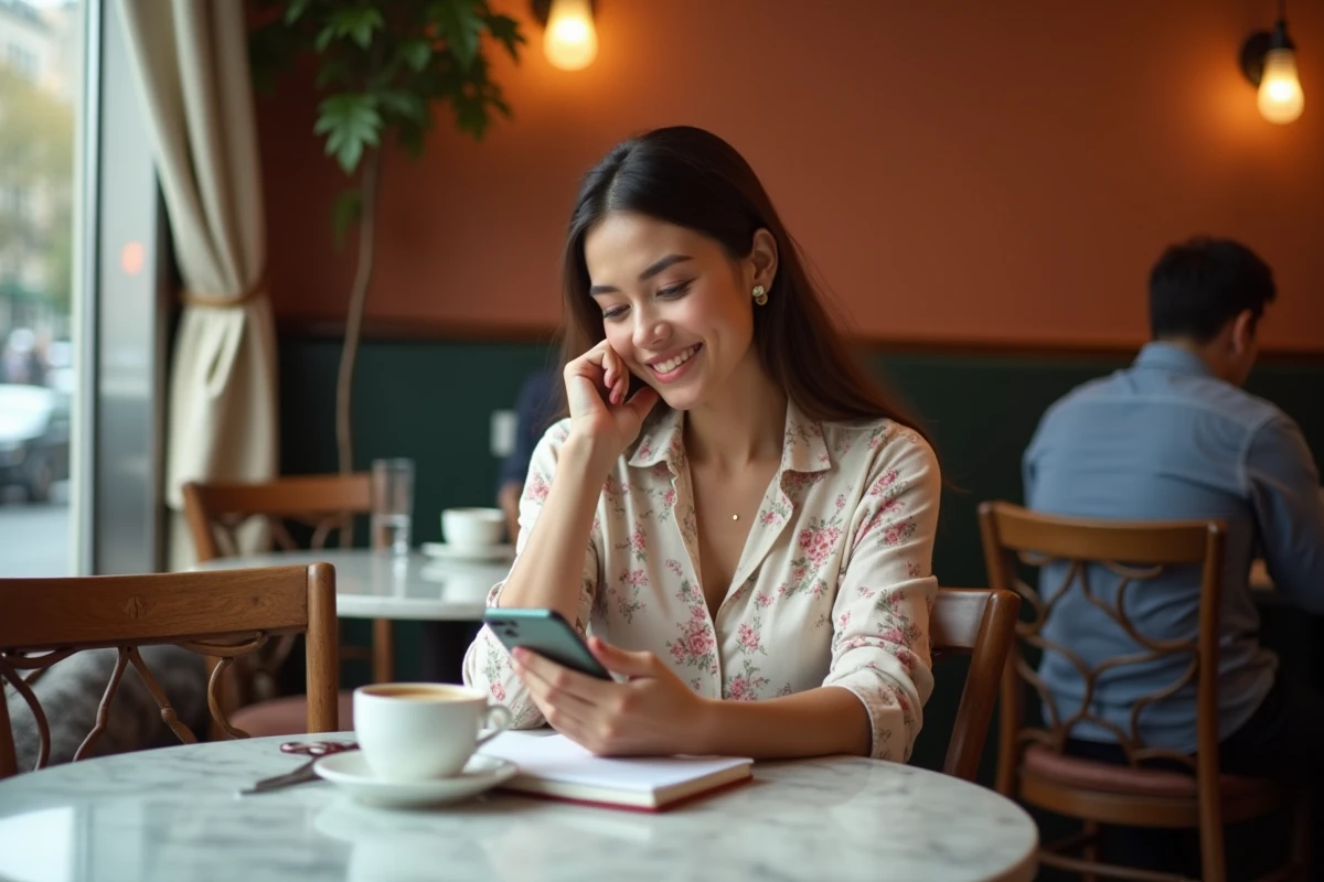 Femme lisant un message romantique avec le sourire dans un café parisien