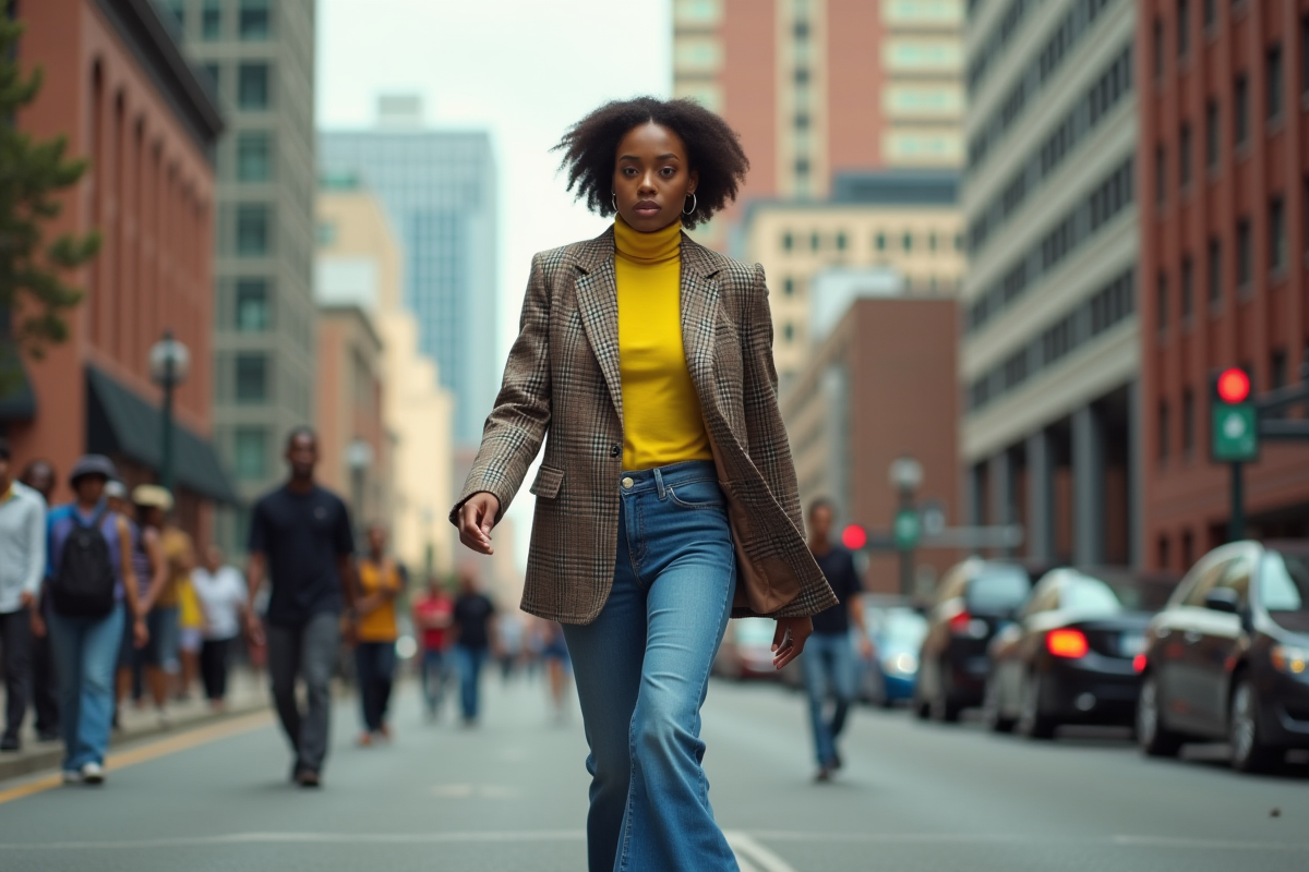 Jeune femme en mode 90s sur runway en ville Atlanta