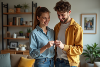 Femme d'âge moyen et son adolescent regardant des clés dans le salon