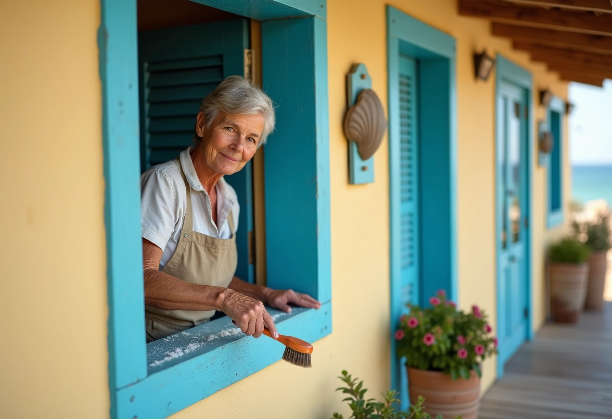 Femme nettoyant un cadre de fenêtre coloré sur une maison de bord de mer