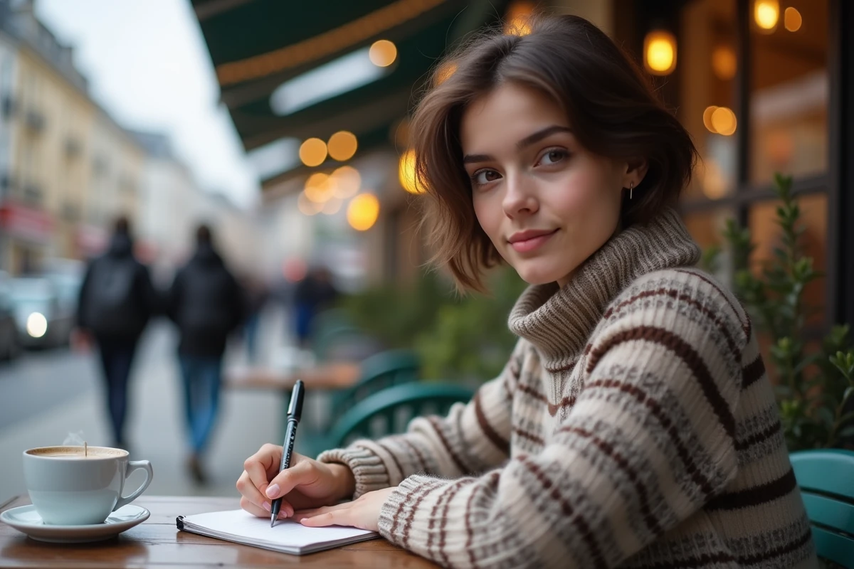 Jeune femme écrivant des mots dans un carnet au café