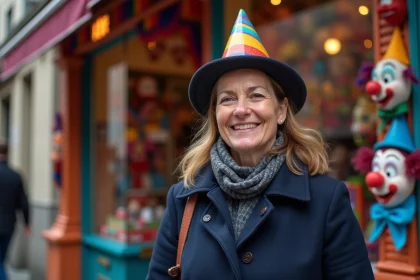 Femme souriante avec chapeau de fête devant la boutique parisienne